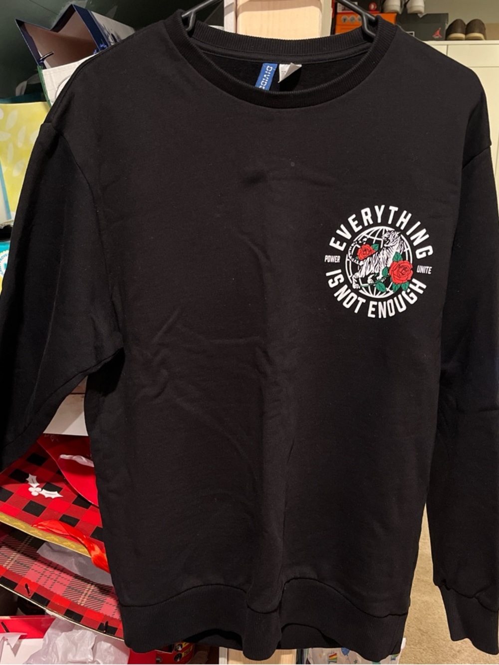 Divided Black Crewneck Sweatshirt with Rose Graphic